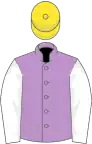 Mauve, white sleeves, yellow cap