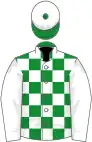 Green and white check, white sleeves, white cap with green peak and button