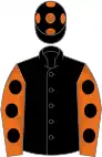 Black, orange sleeves, black spots, black cap, orange spots