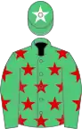 Emerald green, red stars, white star on cap