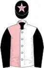 Pink and white halved, black sleeves, black cap, pink star