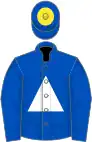 Royal blue, grey inverted chevron and white triangle, royal blue sleeves, royal blue cap, yellow disc