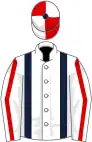 White, dark blue braces, red stripe on sleeves, red and white quartered cap, dark blue pom-pom