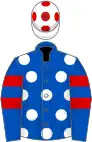 Royal blue, white spots on body, two red hoops, white cap, red spots