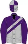 mauve and grey halved diagonally,grey sash, mauve sleeves, mauve and grey quartered cap