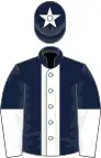 Dark blue, white stripe, halved sleeves and star on cap