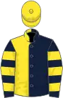 Dark blue and yellow (halved), hooped sleeves, yellow cap