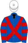 Royal blue, red cross belts, hooped sleeves, white cap