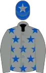 Grey, royal blue stars on body, blue cap, grey star