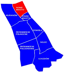 The location of the neighbourhood of New Town in the district of Śródmieście, in accordance to the City Information System.