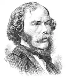 Drawing of man, showing head and shoulders. He has dark, curly hair and a beard and wears a fierce expression.