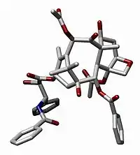 A representative three-dimensional shape adopted by paclitaxel, as a result of its unique cyclic structure.