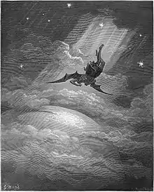 Gustave Doré's illustration for Milton's Paradise Lost, III, 739–742: Satan on his way to bring about the fall of man