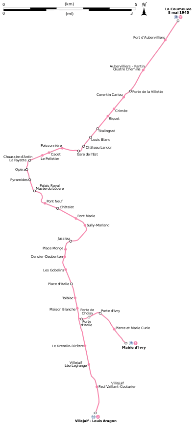 Geographically accurate diagram of Paris metro line 7