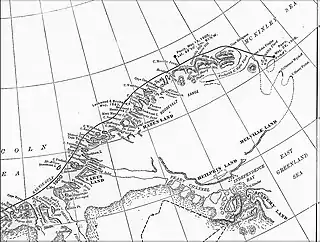 Peary's 1900 explorations map showing Cape Clarence Wyckoff and Cape Henry Parish in an uncertain position.