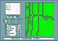 A screenshot from the Commodore 64 version, showing a medium-sized overhead map of a section of Normandy and its rivers. The interface to the left displays details of the British 6th Airborne Division, current time and landing spots.