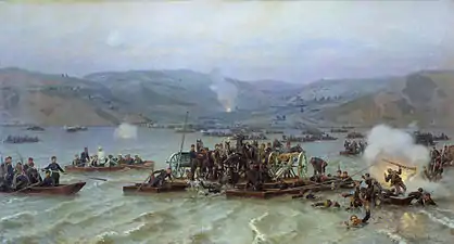 The Russian crossing of Danube near Zimnitsa on 15 June 1877, painted by Nikolai Dmitriev-Orenburgsky in Paris in 1883