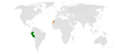 Map indicating locations of Peru and Sahrawi Arab Democratic Republic