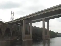 Twin Bridges in 2010, with Reading Railroad Bridge (left) and Falls Bridge (far right).