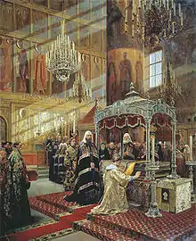 Tsar Alexis praying before the relics in the presence of Metropolitan Philip and Patriarch Nikon