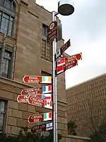 photo of signpost with ten signs pointing in the direction of Phoenix's sister cities, stating their names and distances from Phoenix.