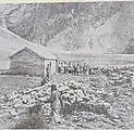 Photograph of a group of Sikh pilgrims praying at Gurdwara Hemkunt Sahib in 1960