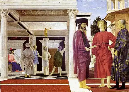  Rectangular panel painting. The composition is divided in two, with an interior scene and an exterior scene. To the left, the pale, brightly lit figure of Jesus stands tied to a column while a man whips him. The ruler sits to the left on a throne. The building is Ancient Roman in style. To the right, two richly dressed men and a barefooted youth stand in a courtyard, much closer to the viewer, so appearing larger.