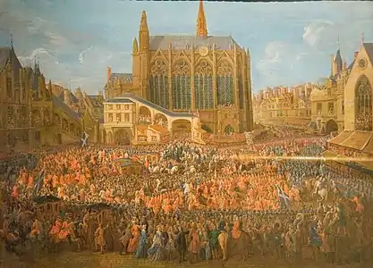 Louis XV departs a ceremony at the Palace, with Sainte-Chapelle behind (1715)