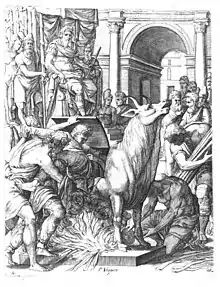 Image 39Perillos being forced into the brazen bull that he built for Phalaris (from List of mythological objects)