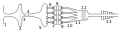 Diagram of piston engine with (from left to right): ram-air intake,air filter,mass flow sensor,butterfly valve,air box,intake runners,intake valve,piston,exhaust valve,extractor pipe,collector,catalytic converter,muffler.