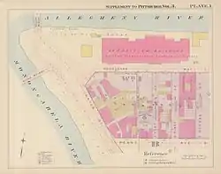 1900: A map of the Forks of the Ohio. The Block House is surrounded by other structures and listed on the map as being owned by the DAR and "presented by Mary Schenley".