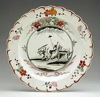 Plate with the Dutch Maiden in overglaze enamels, c. 1770; hand-painted wares such as this are relatively uncommon.