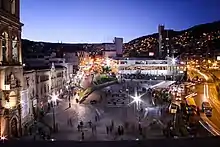 Plaza San Francisco in La Paz, Bolivia, in evening.