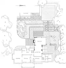 Black and white line drawing of house floorplan, designed by E. A. and Anna Plischke