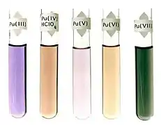 Five fluids in glass test tubes: violet, Pu(III); dark brown, Pu(IV)HClO4; light purple, Pu(V); light brown, Pu(VI); dark green, Pu(VII)