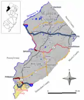 Location of Pohatcong Township in Warren County highlighted in yellow (right). Inset map: Location of Warren County in New Jersey highlighted in black (left).