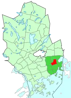 Location of Pohjois-Tapiola (red) within Espoo (light green) and Suur-Tapiola (dark green)