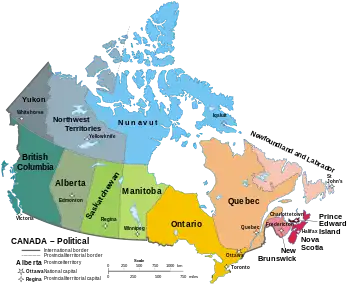 Labelled map of Canada detailing its provinces and territories