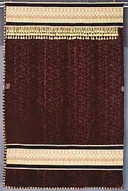 Portière showing draft-excluding fringe on two sides, silk velvet, cotton, wool, c. 1878–1880