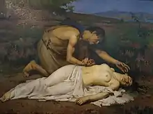 Painting of a man bending over and clutching the hand of a woman who lies dead