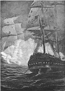 President and Endymion engaged in battle. President is in the foreground shown from the stern and Endymion is covered in cannon smoke