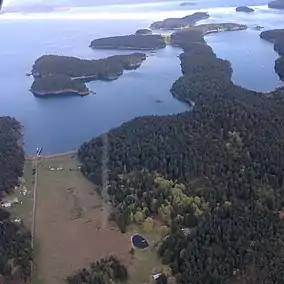 Aerial view of low forested islands