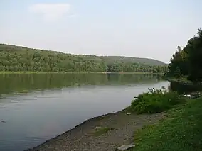 A lake with a gravel shore in the foreground and a forested distant shore