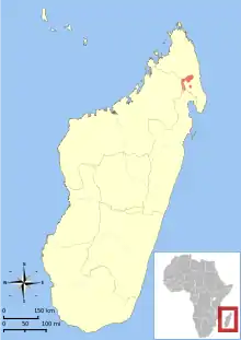 Map of Madagascar off the African coast, showing a highlighted range (in red) as a small area in the northeast corner of the island.