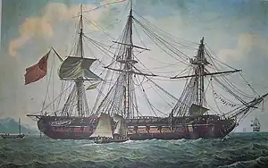 Portrait of Proserpine (1809) by Antoine Roux, after her capture in the action of 27 February 1809 (the mizzen-mast was actually cut away three metres above the deck)