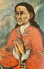 Painting of Mateo Pumacahua, hands folded