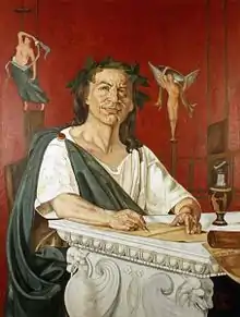 A painting of a man in a toga, looking forward and smiling; he is holding a writing utensil.