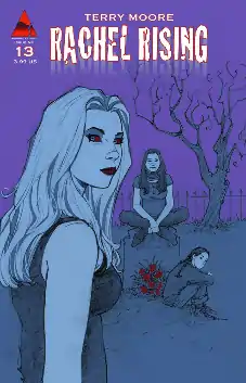 A waist-up close up of Rachel standing in a graveyard. In the background, Jet sits cross-legged on a tombstone and Zoe sits in front of it. All three are looking directly at the reader. The picture is done in shades of purple with bright red roses in front of the stone.