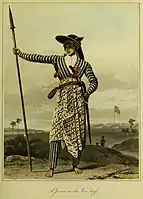 A Javanese man in war dress, from The History of Java by Thomas Stamford Raffles (1817)