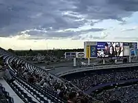 Buffalo's downtown skyline as seen from upper deck during dusk.